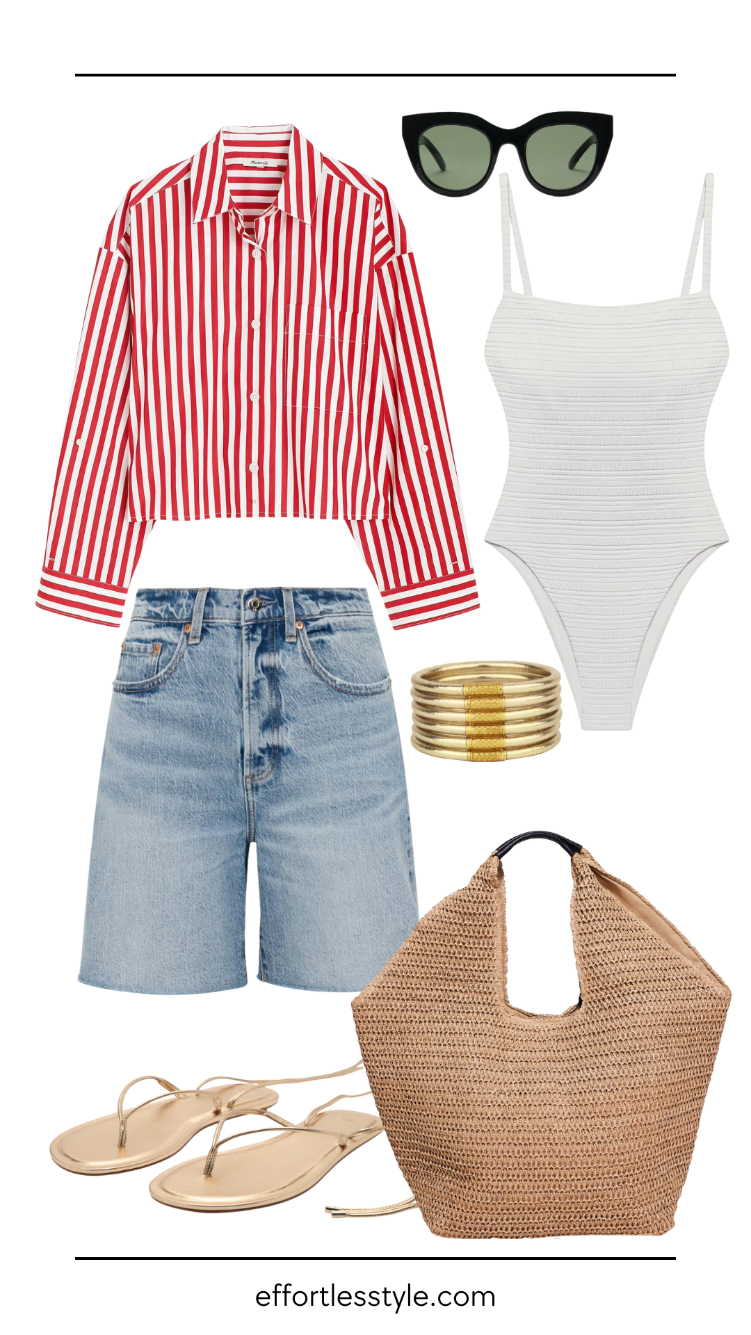 What to wear for July 4th? White swimsuit look paired with long denim shorts and an oversized button down shirt.