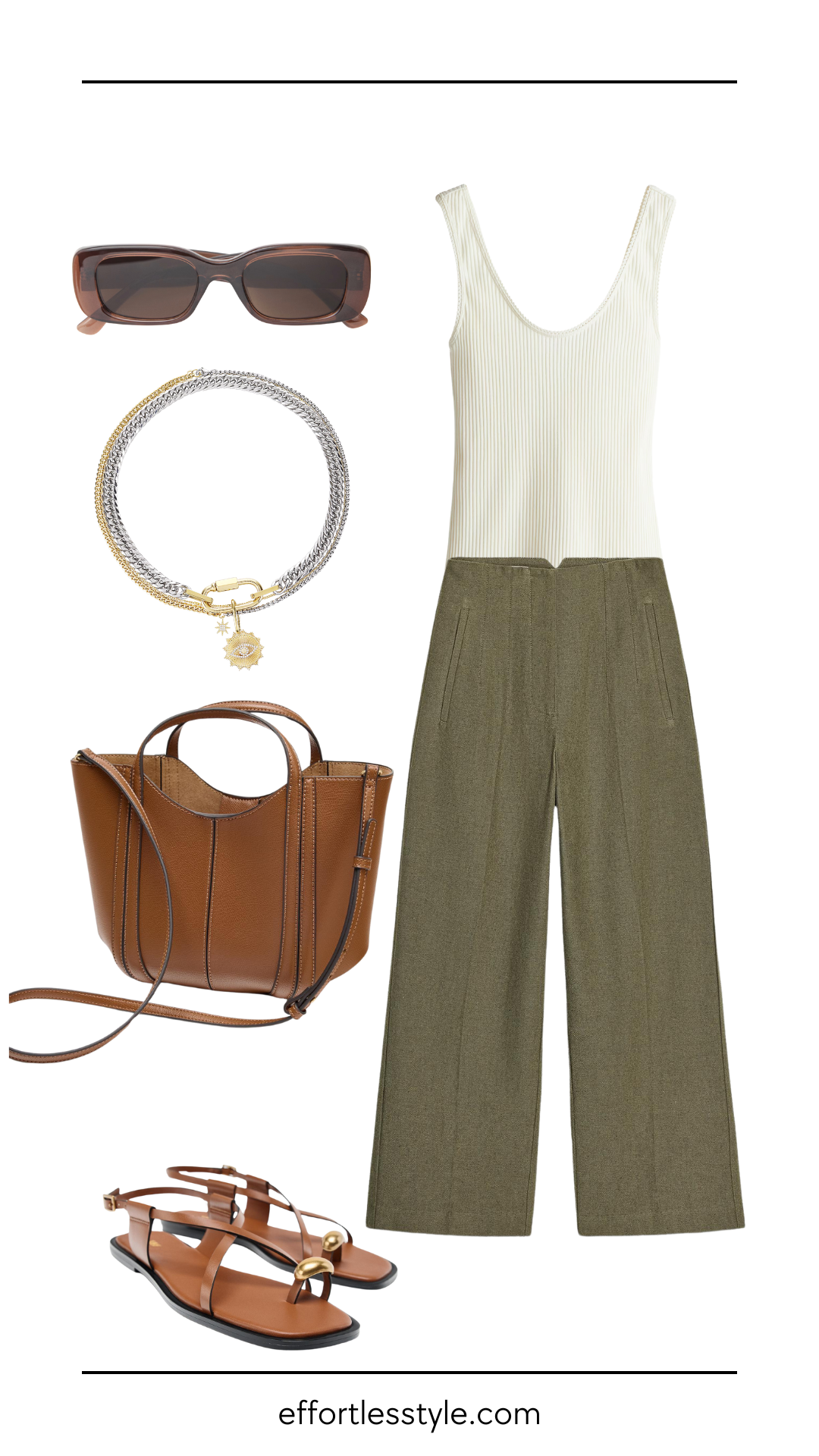 Rule of Thirds Flat lay of a casual chic outfit featuring a cream ribbed tank top, high-waisted olive green wide-leg pants, brown strappy sandals, a brown leather handbag, chunky layered necklace, and dark square sunglasses.