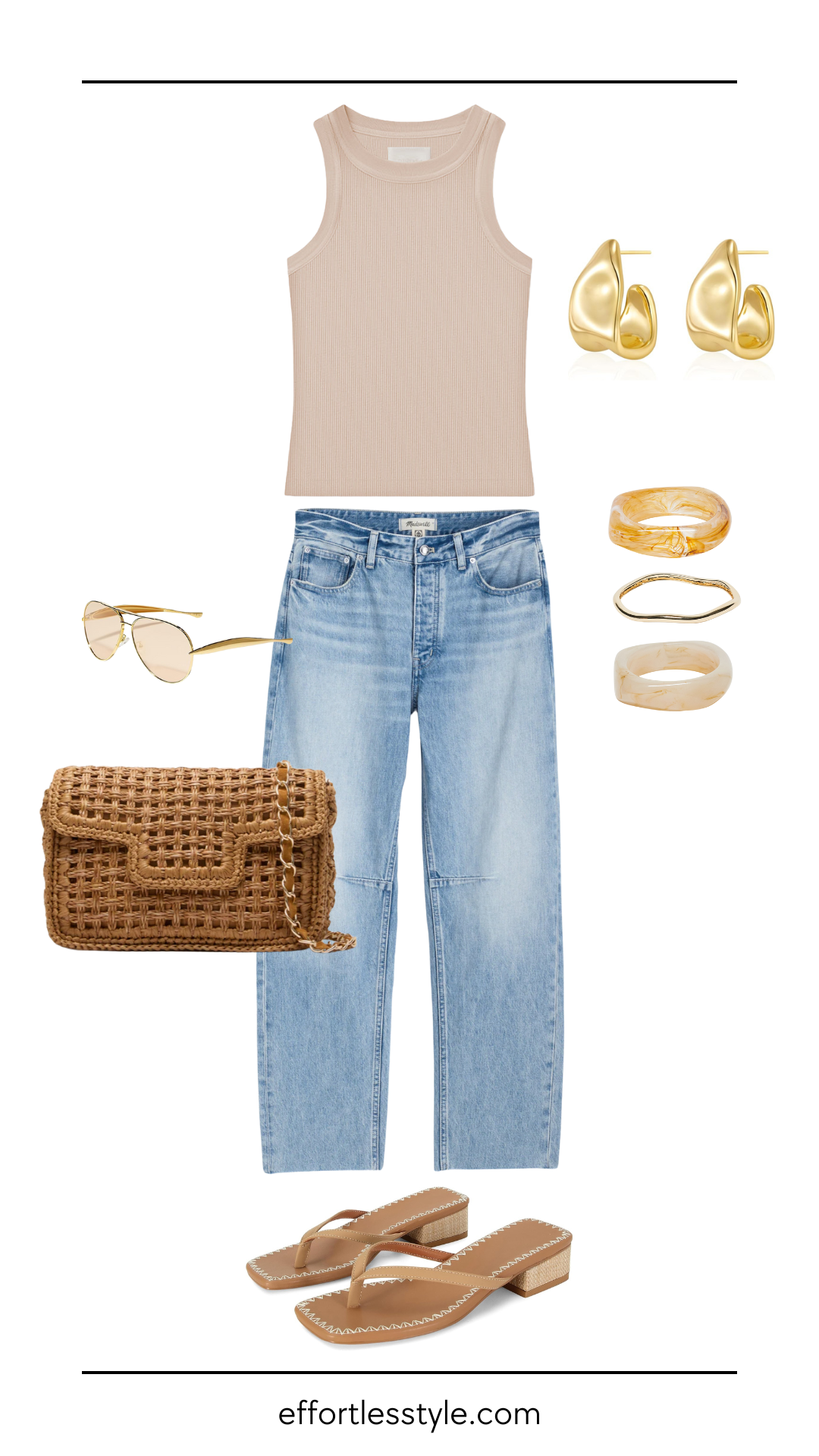 Flat lay of a casual outfit featuring a beige ribbed tank top, high-waisted light wash jeans, tan block heel sandals, rattan crossbody bag, gold sunglasses, chunky gold earrings, and resin rings.