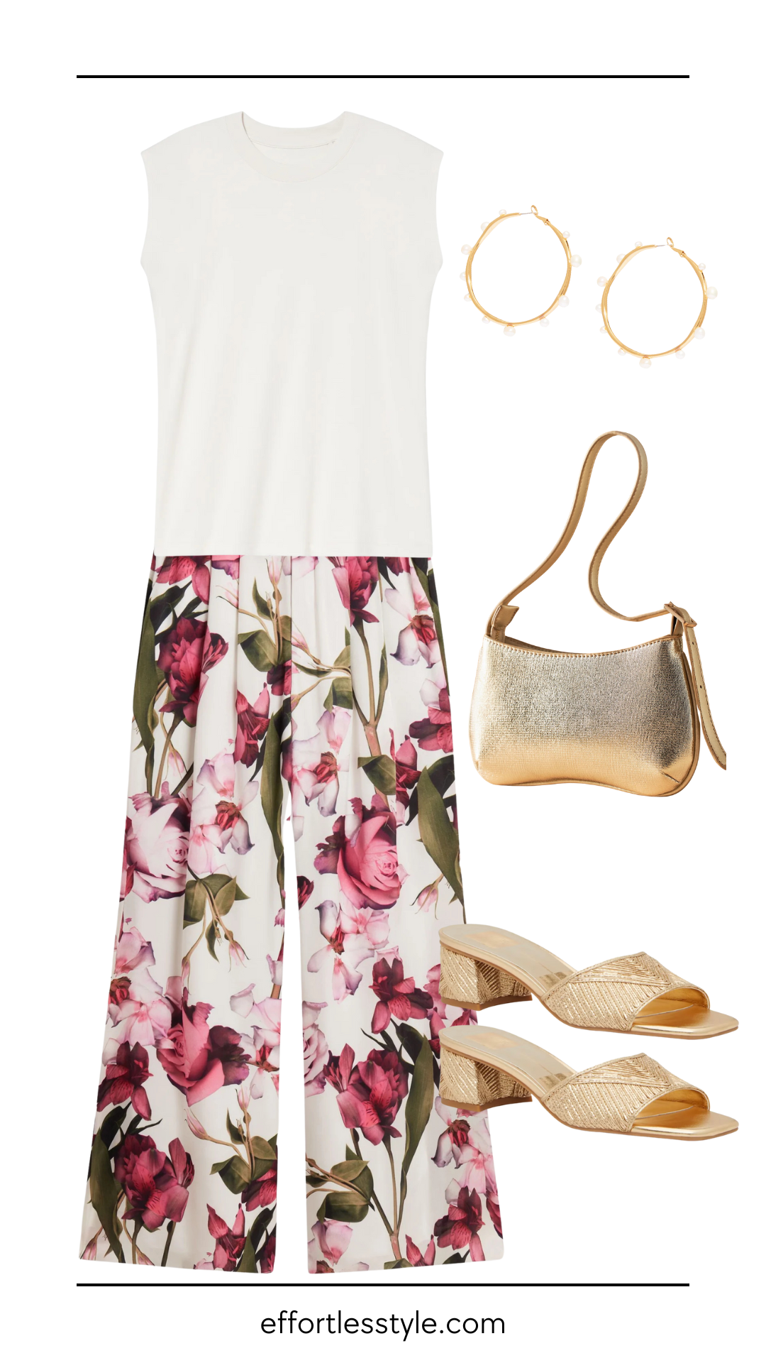 To tuck or not to tuck full tuck outfit with white muscle tee, floral wide-leg pants, gold heeled sandals, gold mini shoulder bag, and pearl hoop earrings.