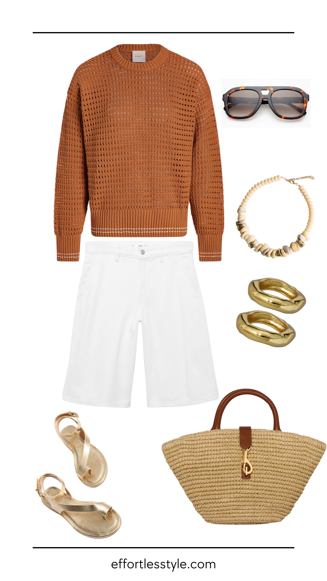 To tuck or not to tuck half tuck outfit with rust open-knit sweater, white knee-length shorts, gold sandals, straw tote, chunky gold rings, beaded necklace, and tortoise sunglasses.