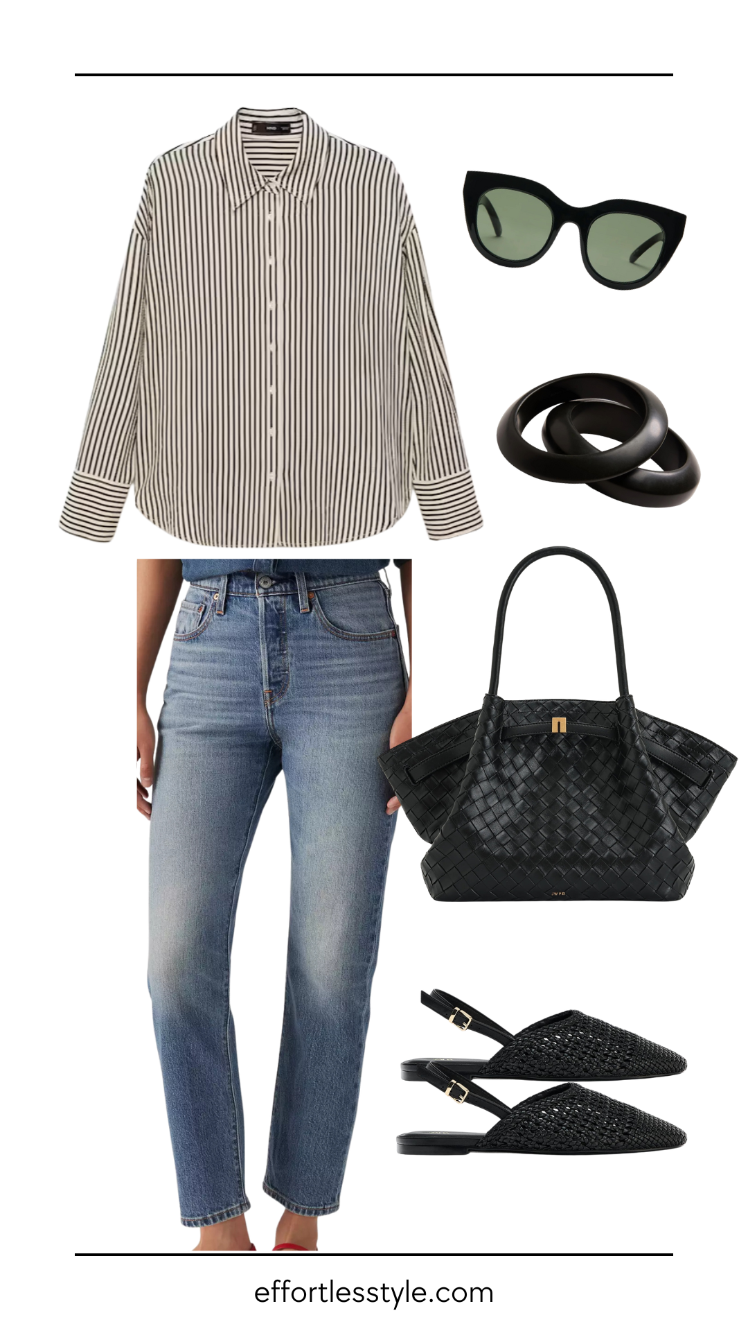 How to choose the right tuck for any outfit: half tuck with an oversized button down, straight leg denim and braided slingback flats.