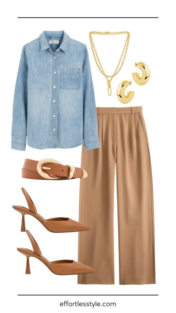 Desk to Drinks: 6 Summer Looks to Wear on Repeat Denim Button-Up Shirt & Wide Leg Trousers summer outfit work outfit how to wear a denim shirt to the office summer accessories Nashville stylists