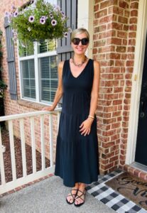 3 Easy Outfits For The Woman Who “Hates Summer Clothes” Tiered Midi Dress & Sandals