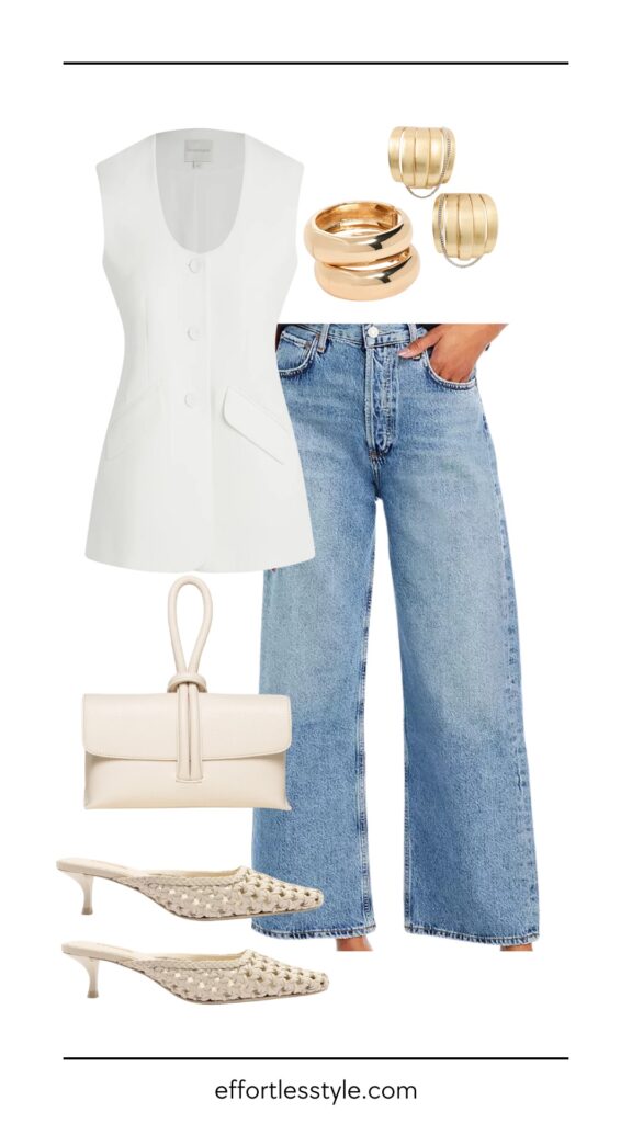 Vest & Wide Leg Jean how to dress up jeans this summer summer outfit the best summer accessories casual friday outfit go-to gold jewelry