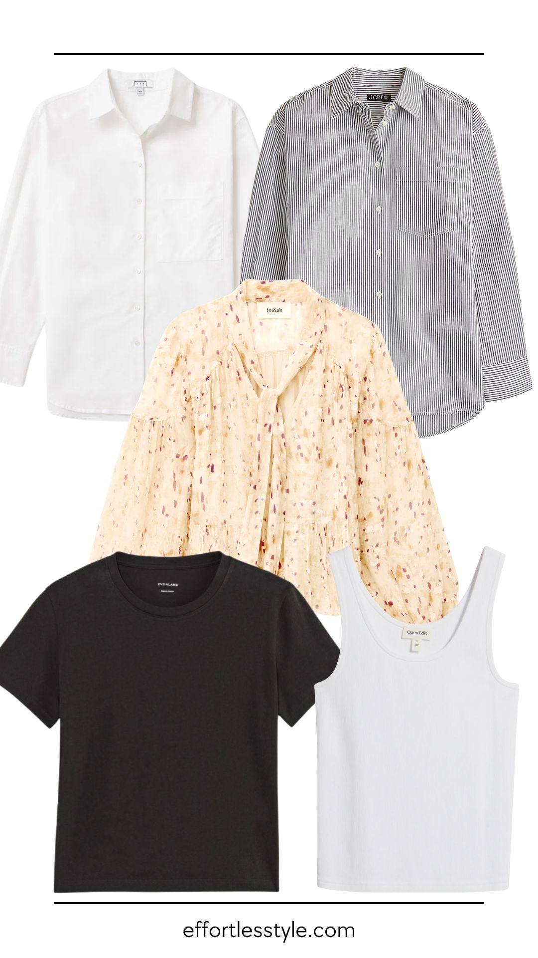 The 3/5/7 Packing Rule: How to Pack Light for Summer Travel - Add 5 Stylist Tops...a cotton tank, a sleeveless blouse, a breathable button-up shirt, a neutral tee, and a patterned short-sleeve top
