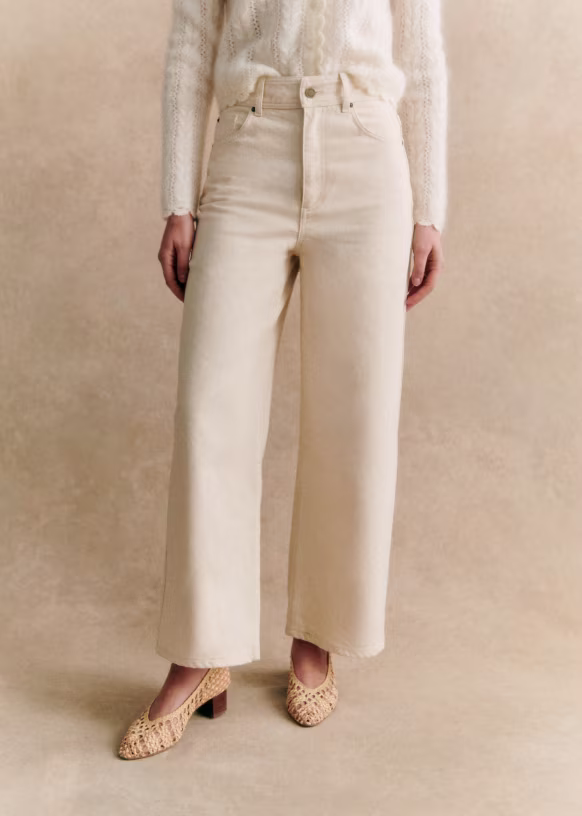 Sézane Le Crop Wide Leg Denim in Ecru