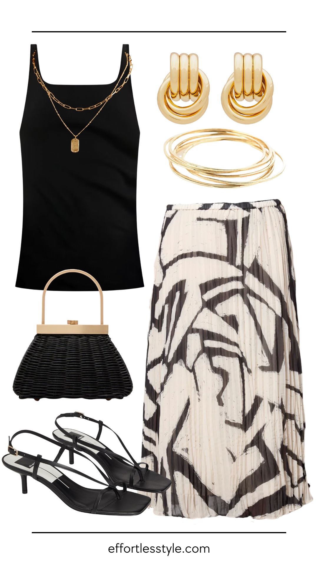 Hot Weather Date Night Looks | slim fitting tank + printed pleated skirt outfit