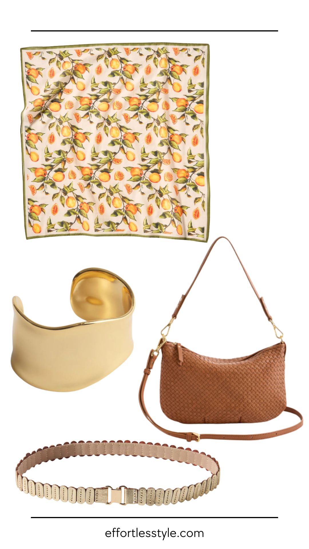 Katey’s Favorite Summer Accessories for Adding a Polished Touch | Fruit Stand Hair Scarf | Gold Wide Cuff Bracelet | Handwoven Mini Shoulder Bag | Metallic Belt