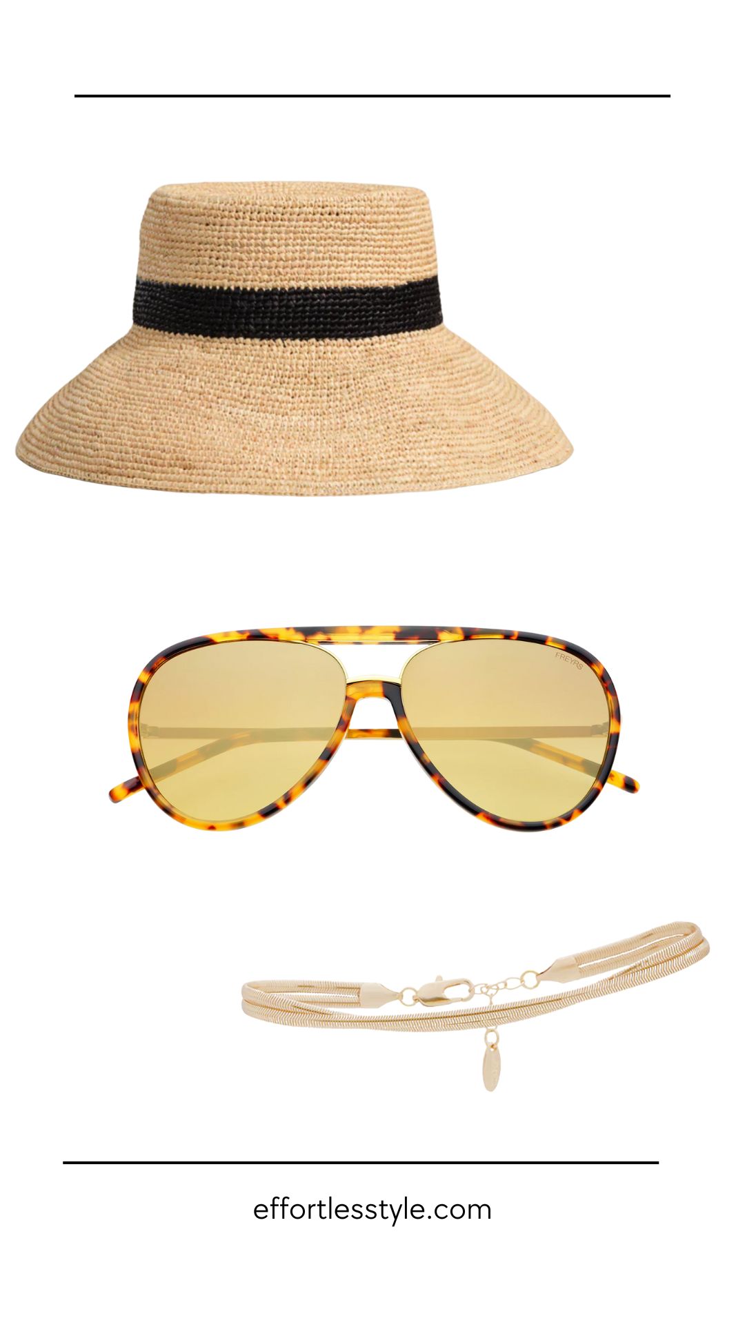 The Best Summer Accessories to Instantly Elevate Simple Outfits | Raffia Sun Hat | Tortoise Gold Mirrored Sunglasses | Gold Double Chain Anklet 