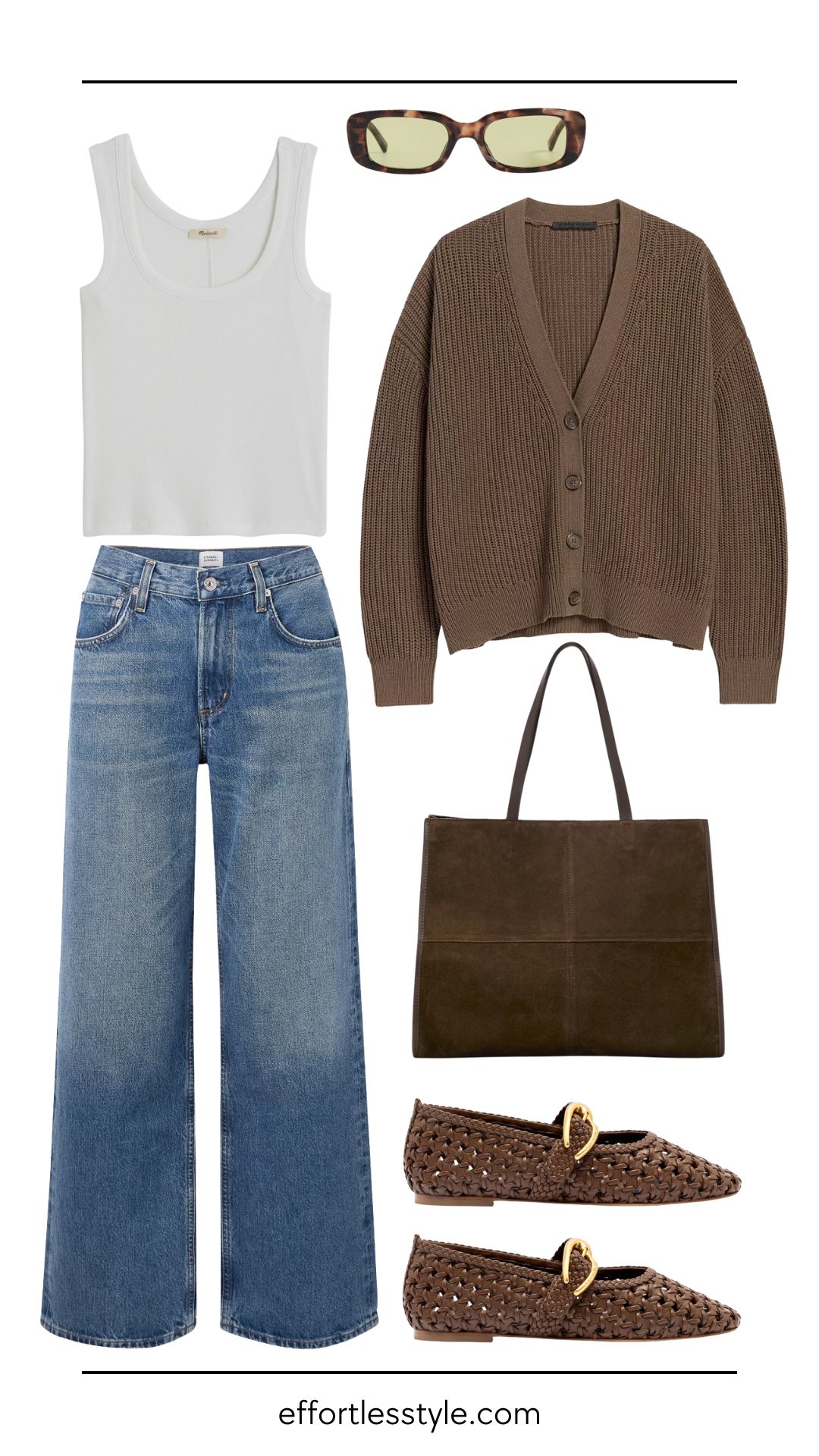 An oversized cardigan layered over a tank and relaxed denim is the kind of effortless combo that works whether you’re traveling for fall break or enjoying a laid-back day at home. The cardigan adds cozy versatility—wear it when temps dip or simply toss it over your shoulders if it’s still warm—while the woven flats and layered accessories keep the look stylish without sacrificing comfort.
