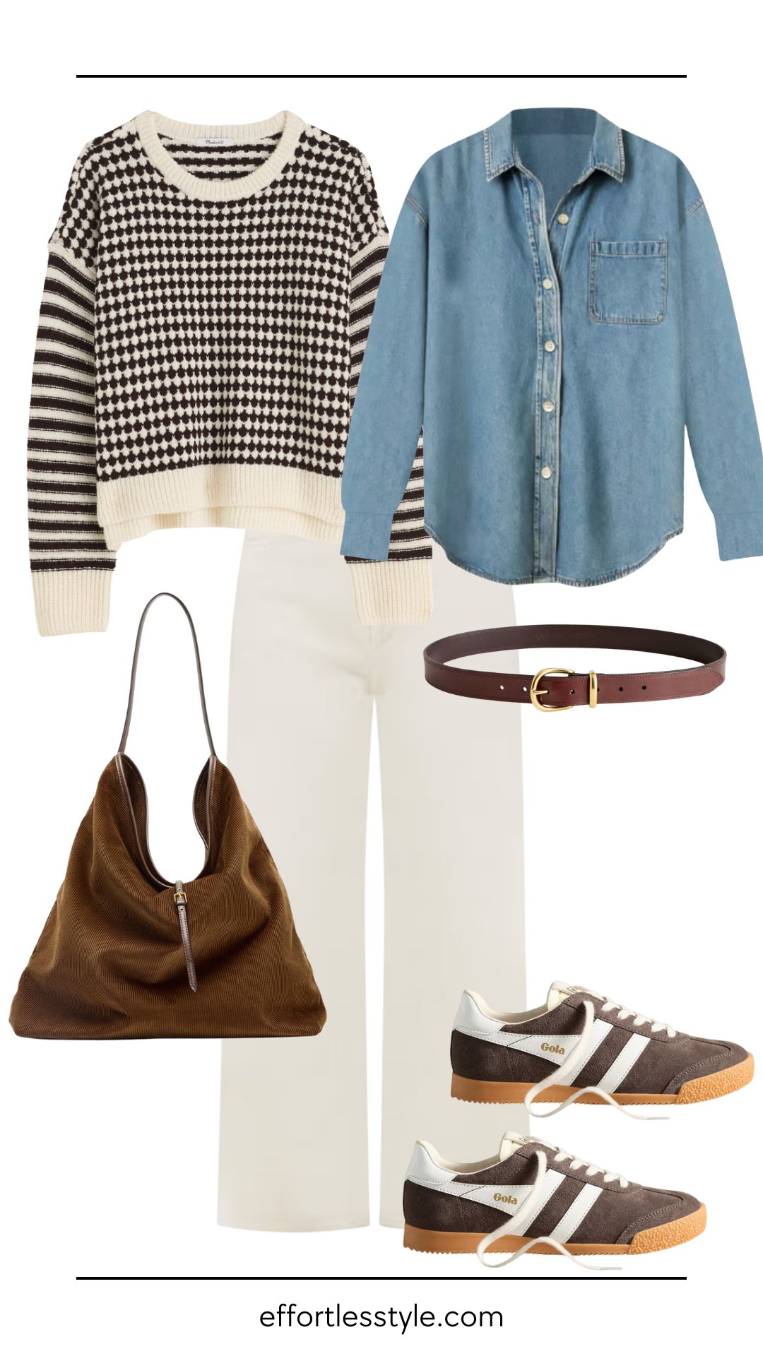 Layering is key when traveling for fall break. A sweater draped over your shoulders completes the look but is practical when the day starts super chilly. Pairing chocolate and ivory and chambray is a sharp combination that works for any destination - the city or the mountains. Ditch the sweater and opt for a flat to have the look translate to a fall beach destination.