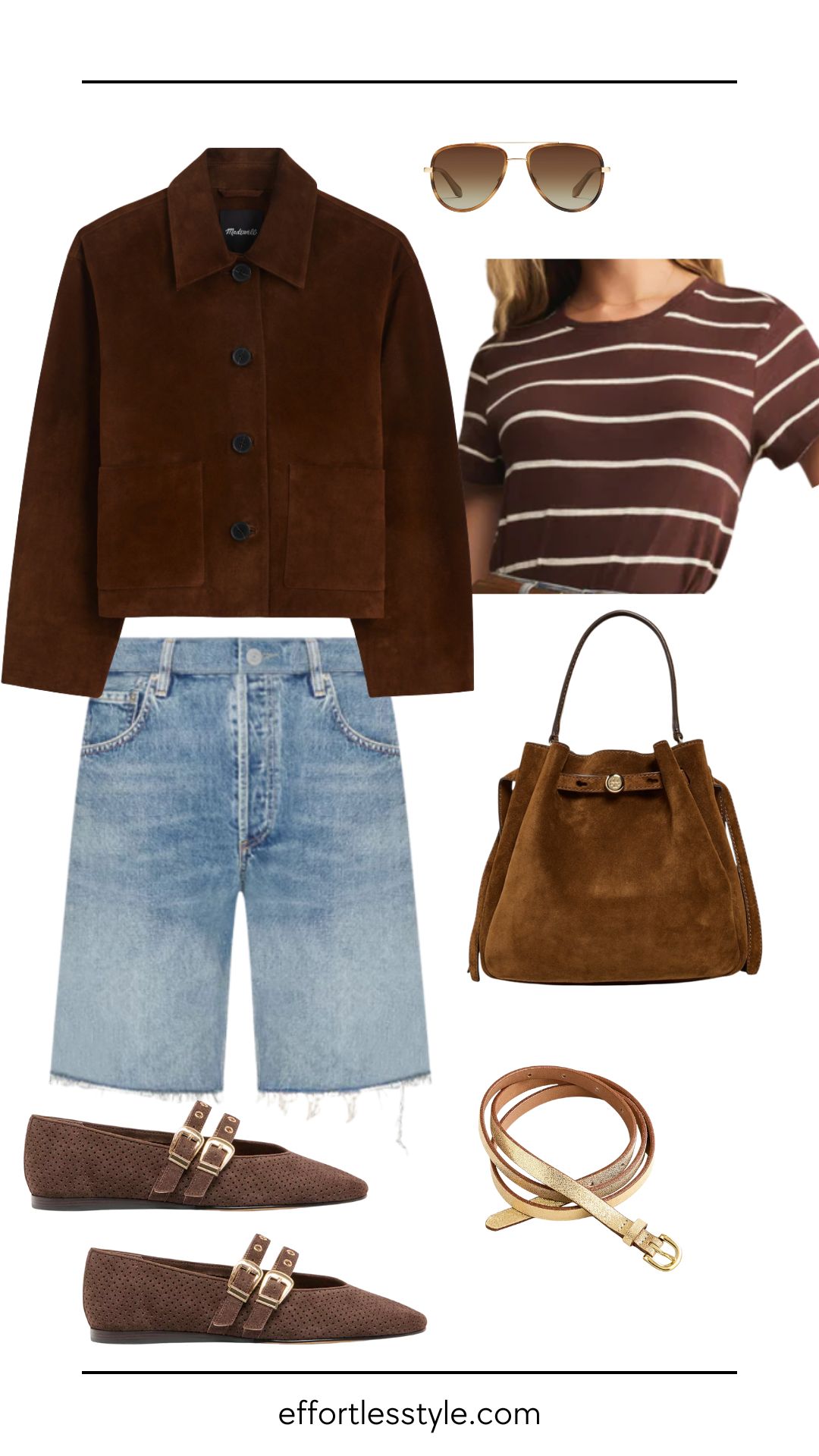 Fall Break Outfit Ideas: Easy, Polished Casual for Your Getaway | A bermuda short look is a safe bet when packing for fall break. Pair with a t shirt and layer under a suede jacket if the temps drop. Pair with a flat shoe, a suede bag and you have a chic daytime, weather appropriate fall look.