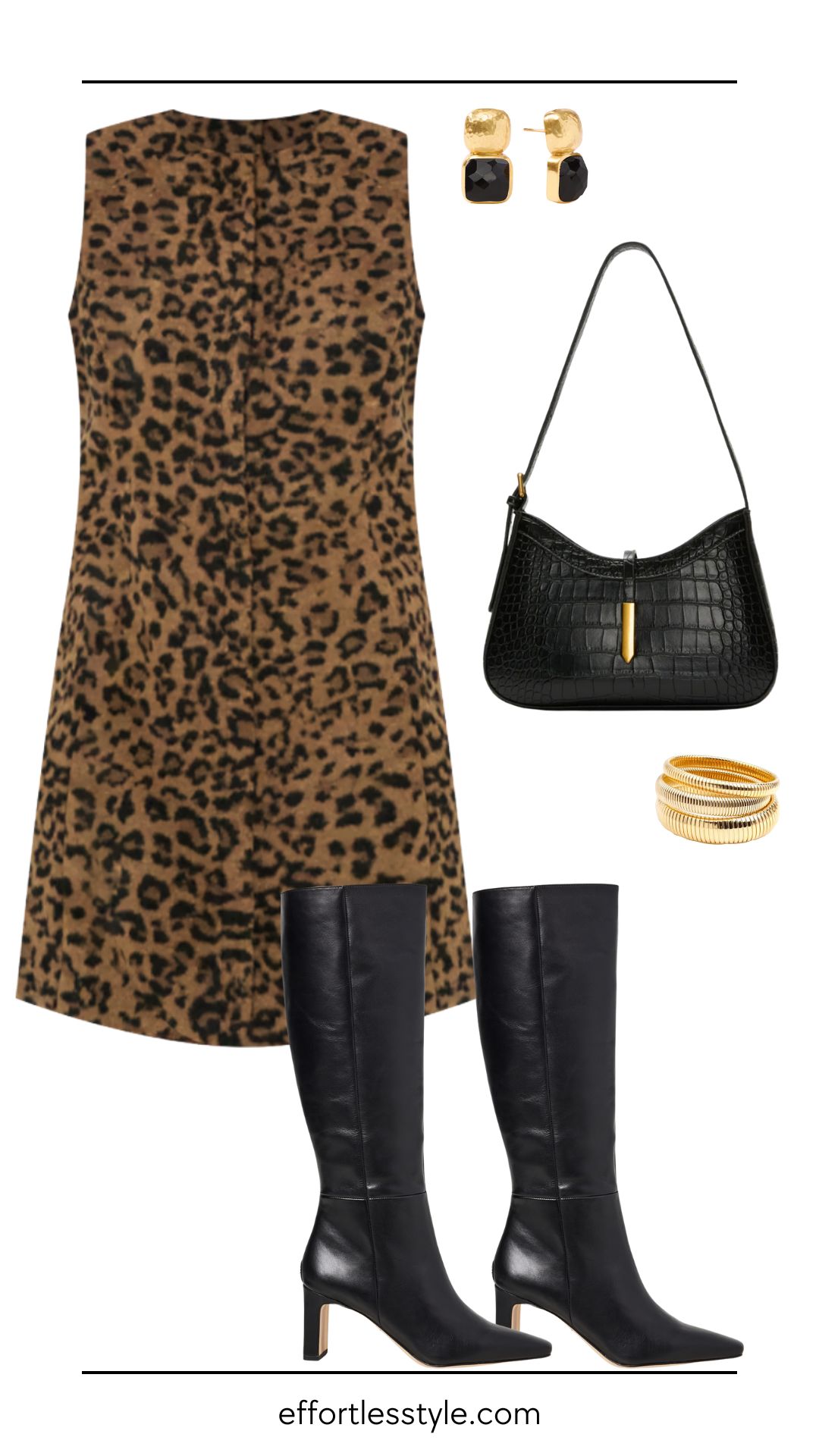Animal Print Outfit Ideas: Leopard Mini Dress with Classic Black & Gold