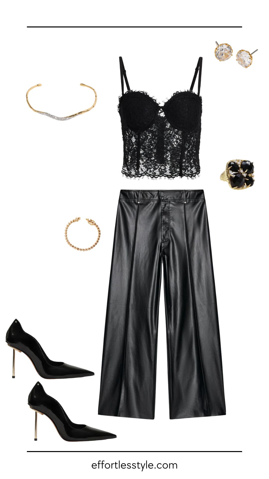 Monochromatic Holiday Outfit Ideas That Aren’t a Dress | a lace bustier paired with a leather trouser