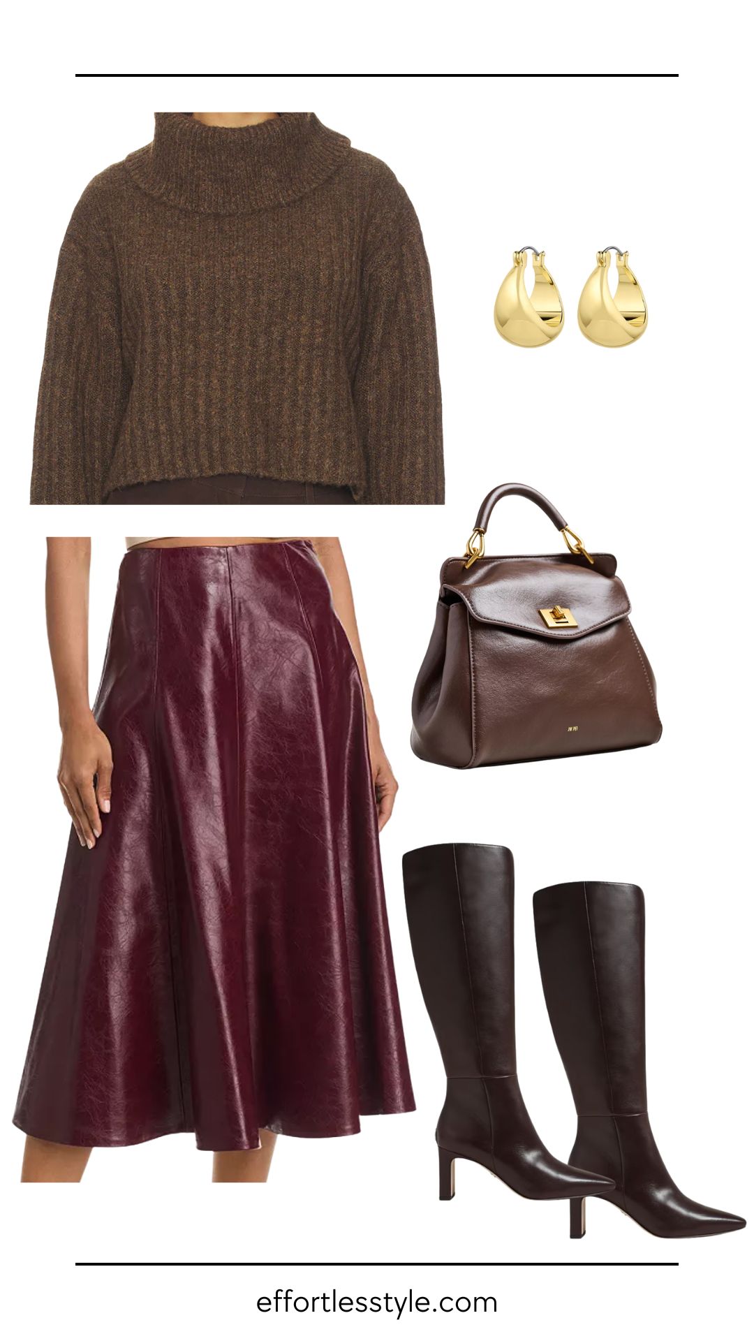 Brown Cropped Sweater Look Burgundy Faux Leather Skirt Look