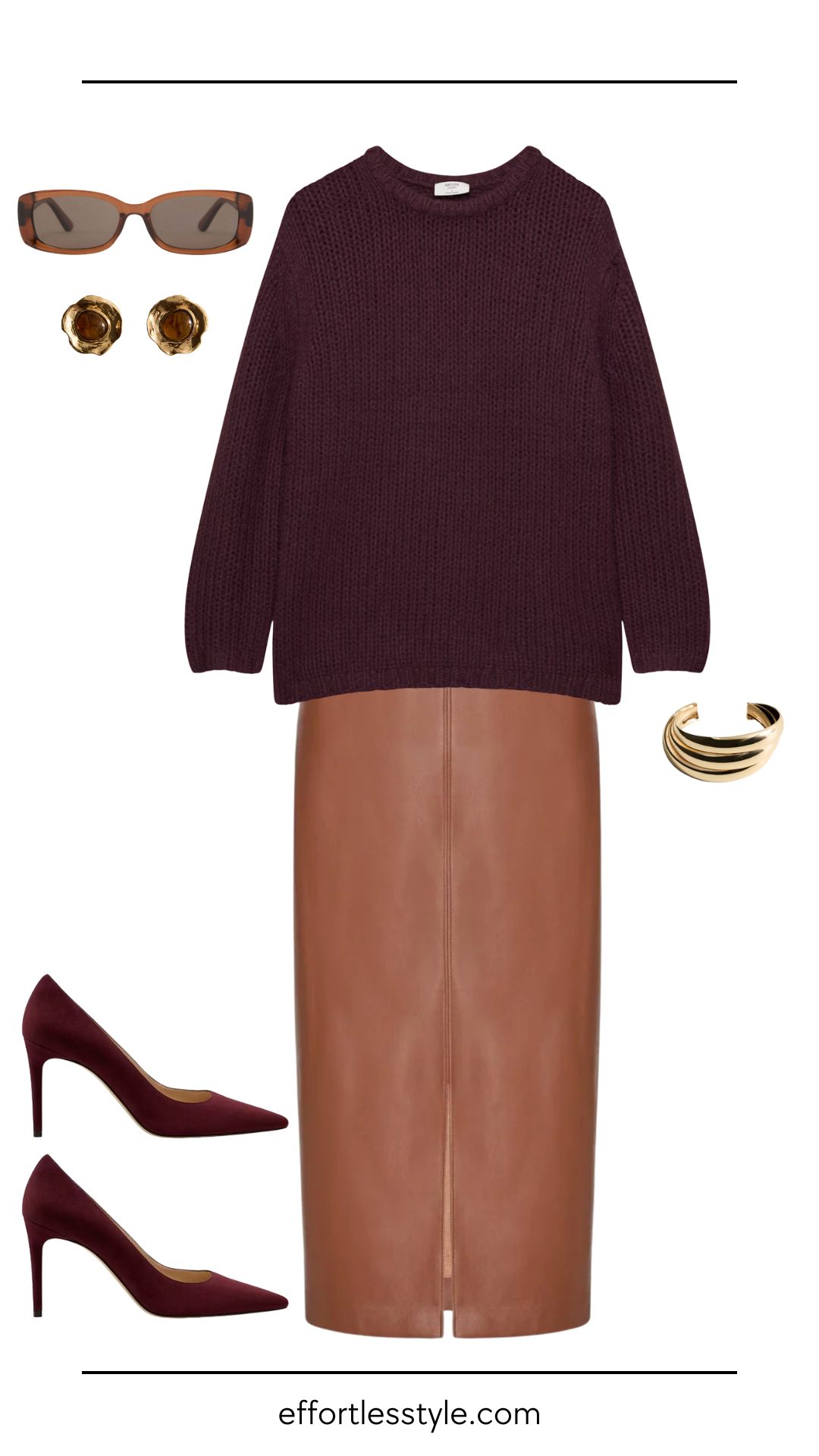 Oversized Burgundy Sweater + Cognac Vegan Leather Skirt