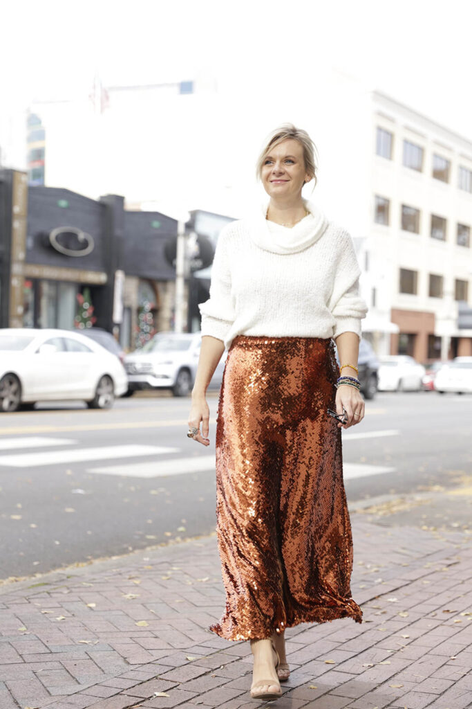 Holiday Outfit Ideas: One Piece Styled Two Ways | What to Wear for the Holidays | Sequin Skirt Look
