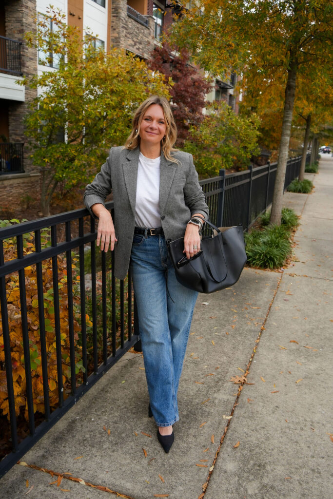 Nashville Personal Stylist Rushton | Quince Italian Wool Oversized Blazer Styled with jeans and mules