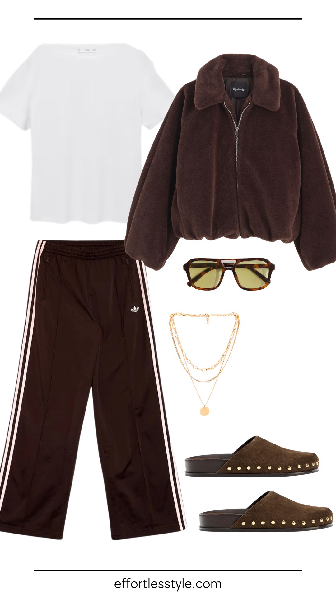 Affordable Winter Outfits: Relaxed Luxe | cozy faux fur jacket, a good tee and track pants can create an outfit that feels elevated without overspending. Neutral tones keep everything versatile, while simple accessories add just enough interest to make it feel intentional.