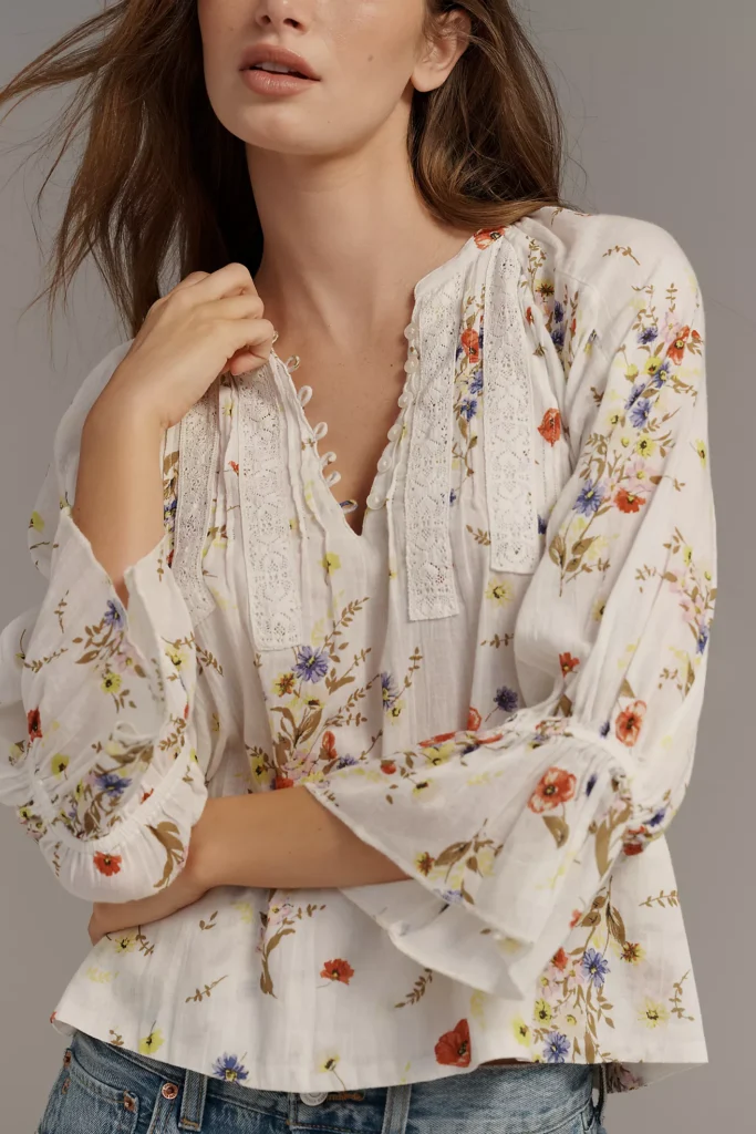 By Anthropologie Cotton Pintuck V-Neck Blouse
