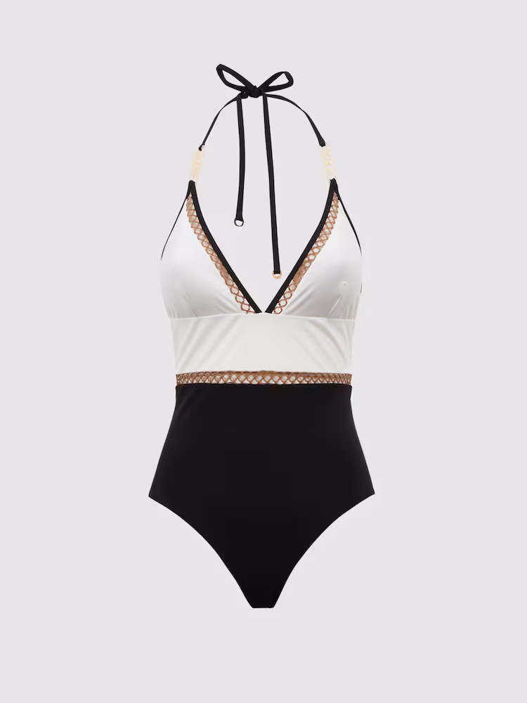 What to Pack for Spring Break: The 10-Piece Travel Capsule | Ray Colourblock Halter Swimsuit in White/Tan