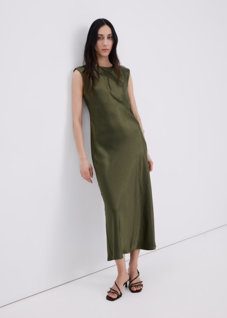 4 Color Combinations That Always Look Expensive | Mango Olive Satin dress with shoulder pads
