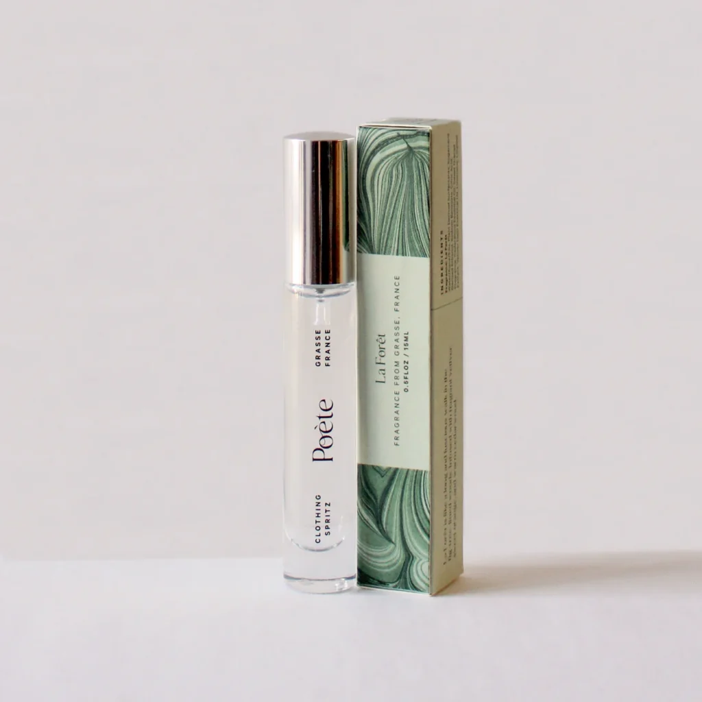Poete Clothing Spritz releases wrinkles and refreshes fabric between washes. 