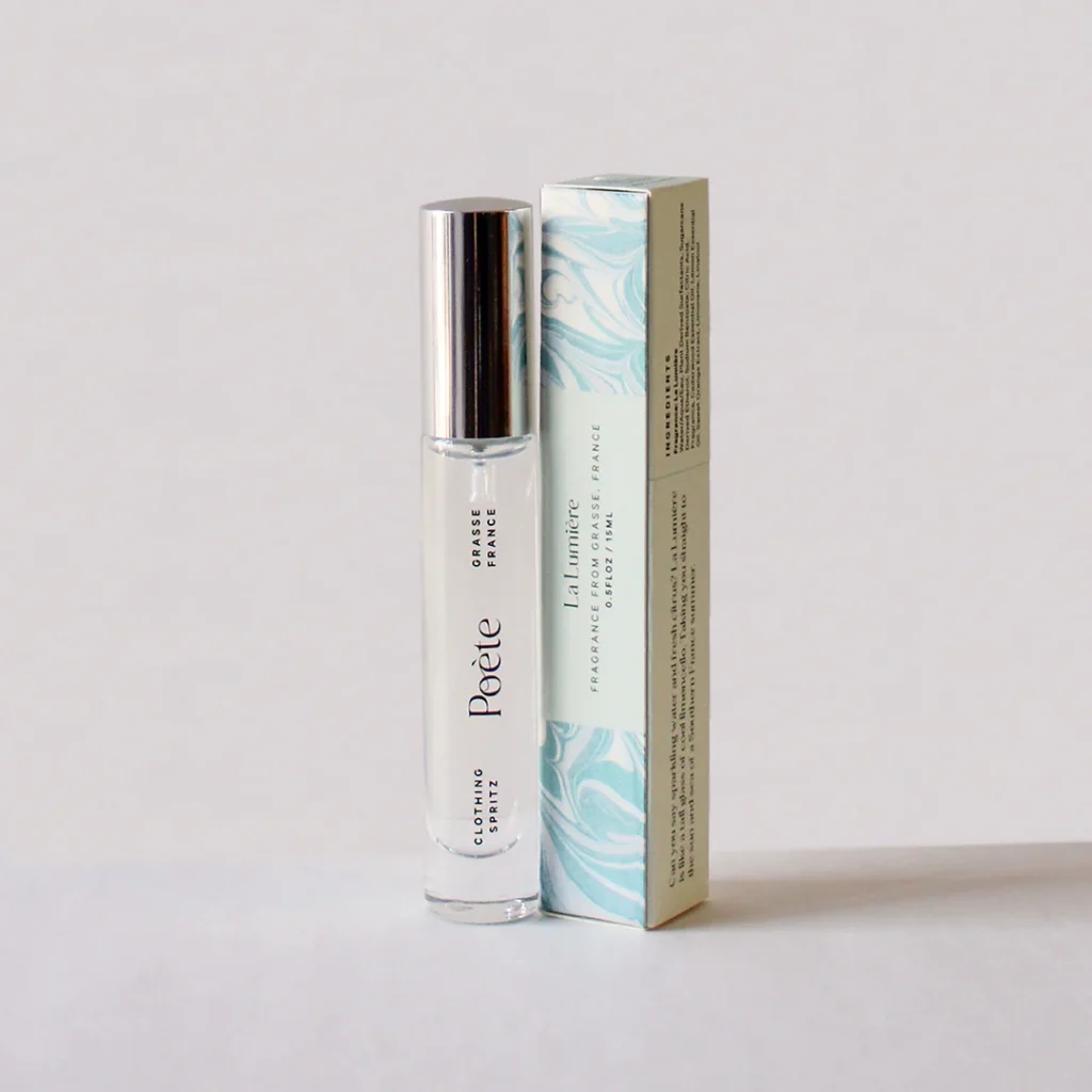 Poete Clothing Spritz releases wrinkles and refreshes fabric between washes. 