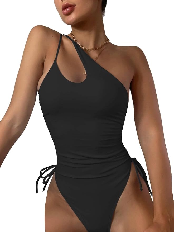 Eomenie Women's One Piece Tie Side Swimsuit Tummy Control Bathing Suit | One Shoulder High Cut Leg Swimwear with Drawstring